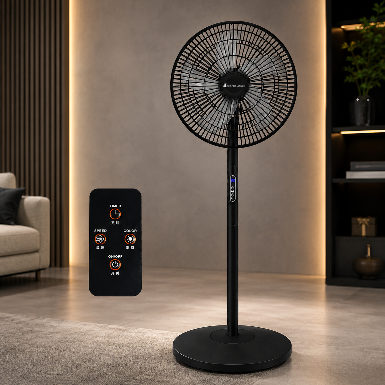 Ventilator cu picior, 65W, telecomanda, 8 Viteze, oscilatie, display LED, silentios
