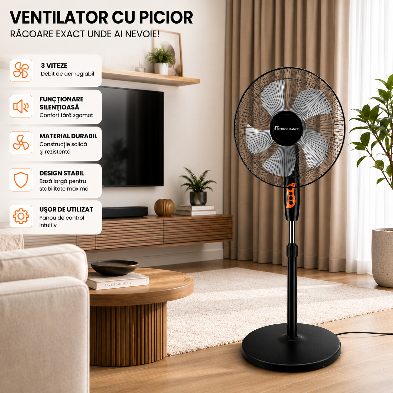 Ventilator cu picior, 65W, 16 Inch, 3 viteze, oscilatie automată, inaltime reglabila