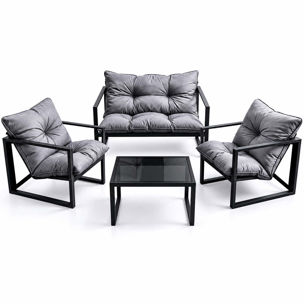 Set mobilier gradina, 4 piese, canapea 2 locuri + 2 fotolii + masuta cu sticla securizata neagra, cadru metalic
