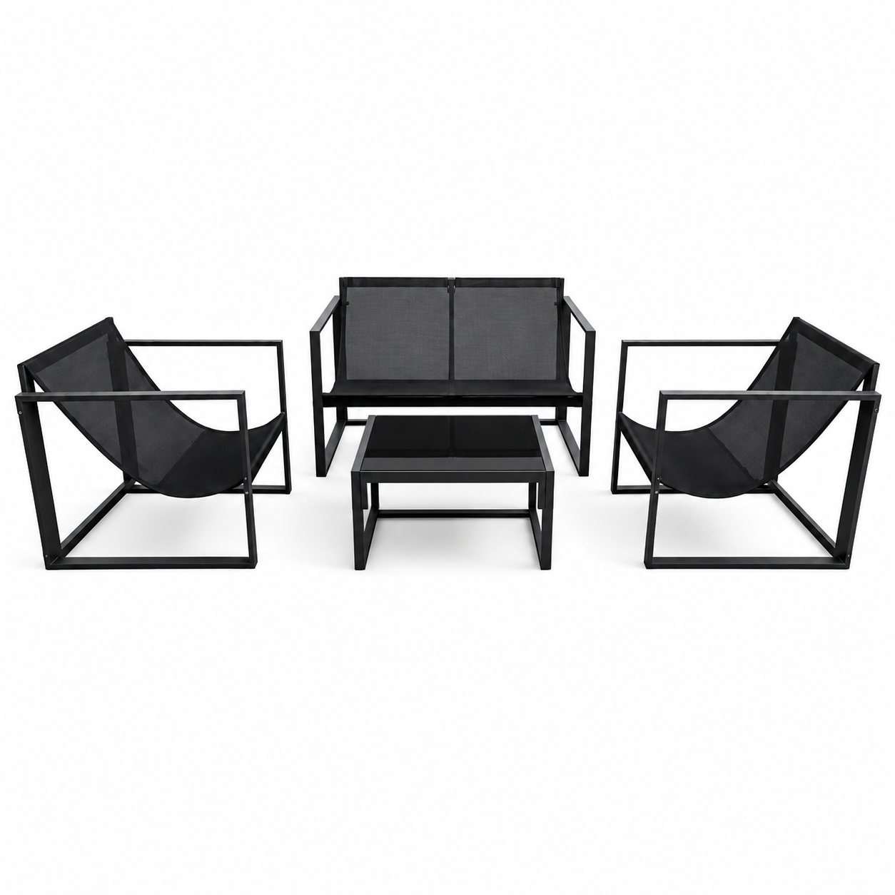 Set mobilier gradina, 4 piese, canapea 2 locuri + 2 fotolii + masuta cu sticla securizata neagra, cadru metalic