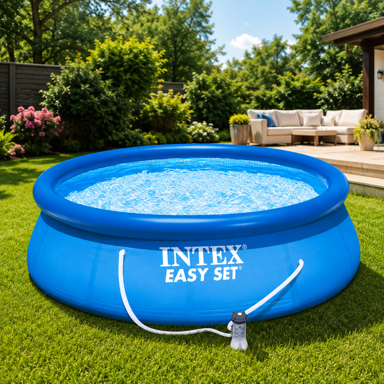Piscina gonflabila Easy Set Intex, D244xH61 cm, 1250L, pompa cu filtru inclusa + pompa umflat + minge gonflabila cadou