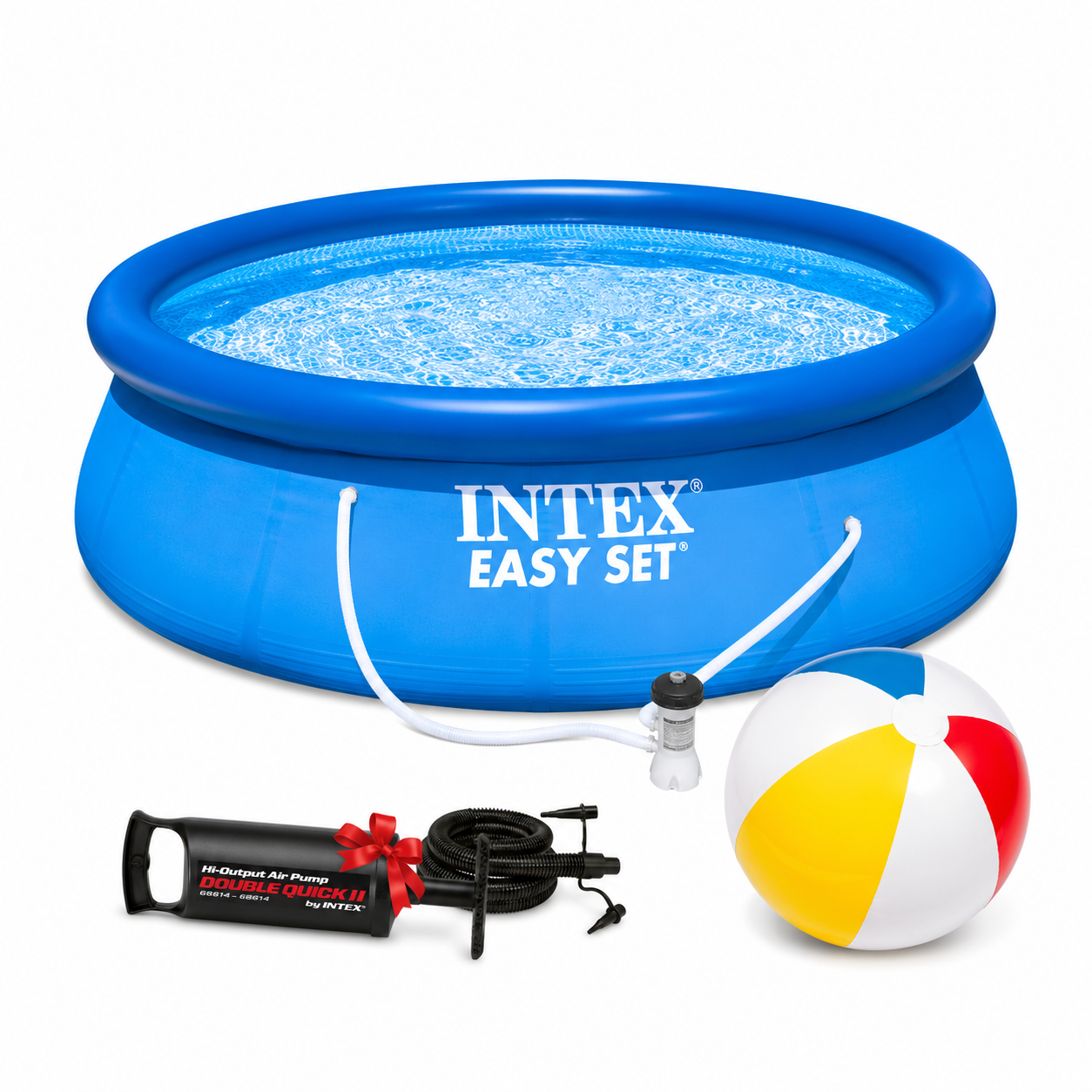Piscina gonflabila Easy Set Intex, D244xH61 cm, 1250L, pompa cu filtru inclusa + pompa umflat + minge gonflabila cadou