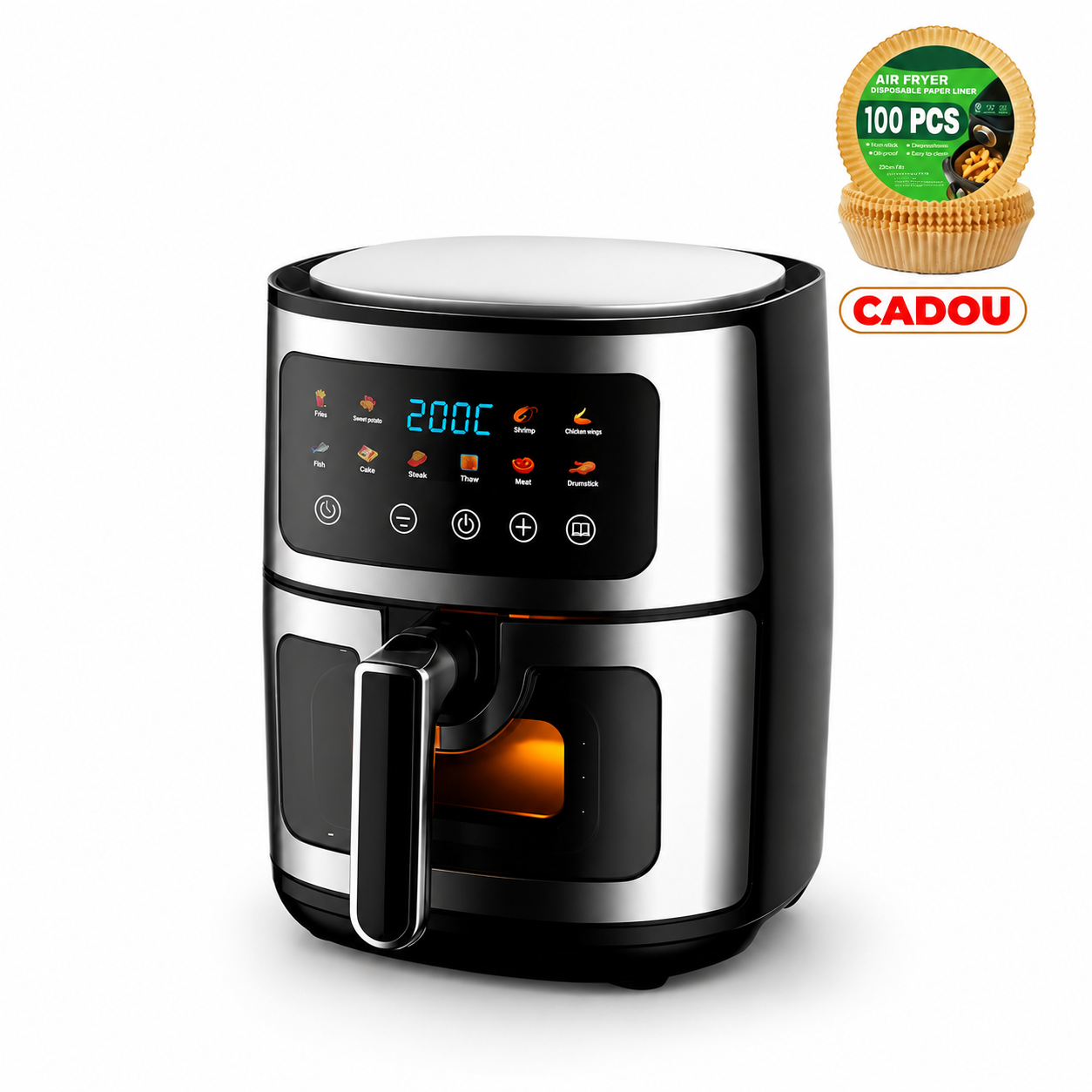 Friteuza cu aer cald 8L, 10 programe smart, 2800W, panou tactil, circulatie 3D aer fierbinte, teflon non-stick + 100 buc hartie de copt cadou