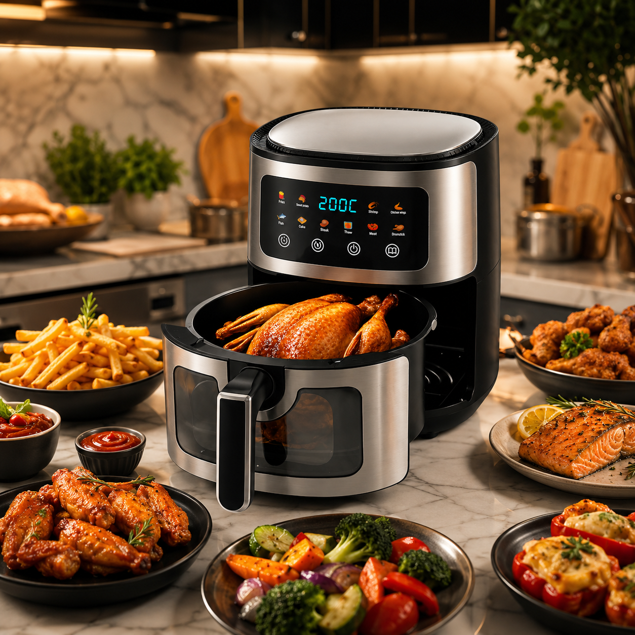 Friteuza cu aer cald 8L, 10 programe smart, 2800W, panou tactil, circulatie 3D aer fierbinte, teflon non-stick + 100 buc hartie de copt cadou