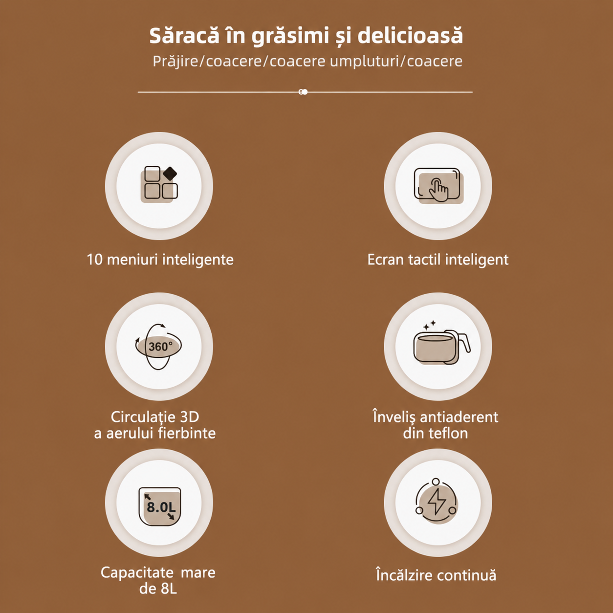 Friteuza cu aer cald 8L, 10 programe smart, 2800W, panou tactil, circulatie 3D aer fierbinte, teflon non-stick + 100 buc hartie de copt cadou