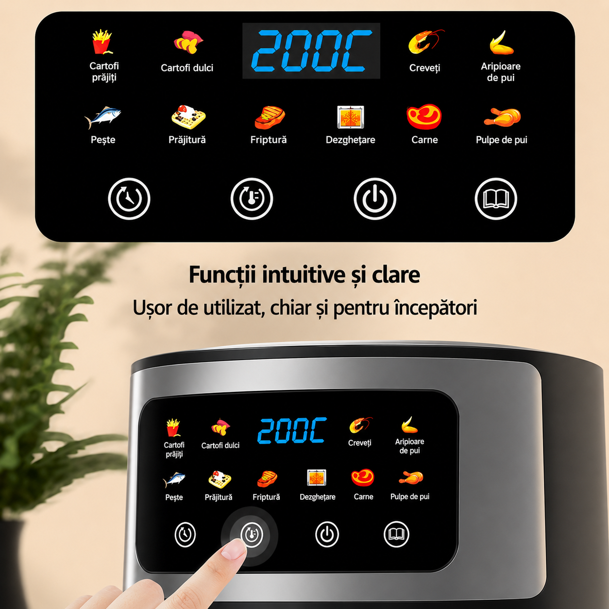Friteuza cu aer cald 8L, 10 programe smart, 2800W, panou tactil, circulatie 3D aer fierbinte, teflon non-stick + 100 buc hartie de copt cadou