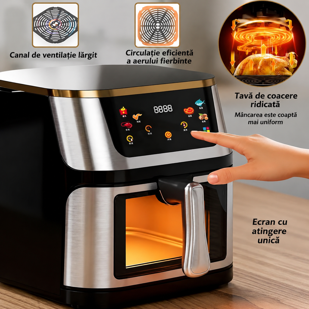 Friteuza cu aer cald 10L, 2400W, display digital touch, 8 programe smart, circulatie 3D aer fierbinte, teflon non-stick + 100 buc hartie de copt cadou