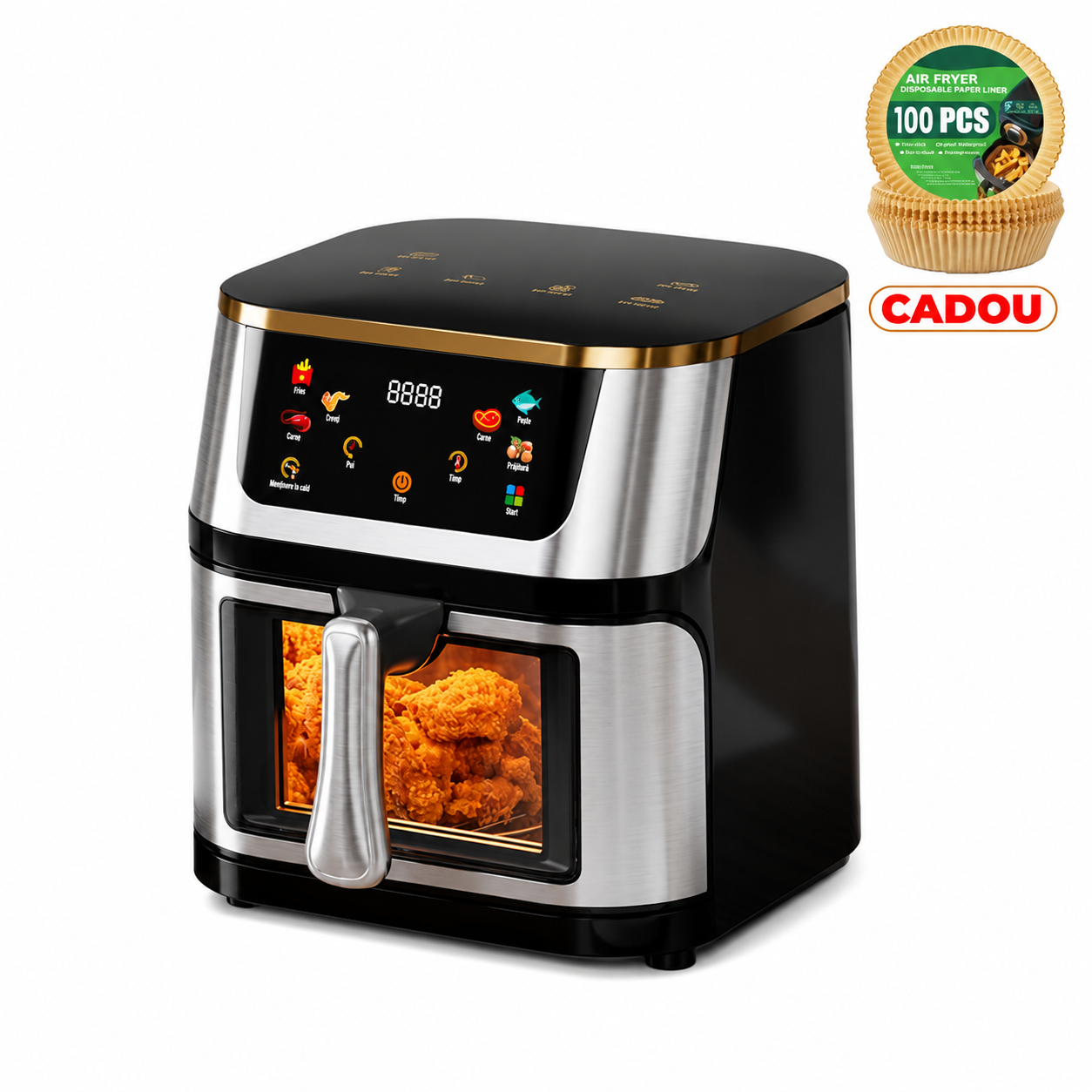 Friteuza cu aer cald 10L, 2400W, display digital touch, 8 programe smart, circulatie 3D aer fierbinte, teflon non-stick + 100 buc hartie de copt cadou