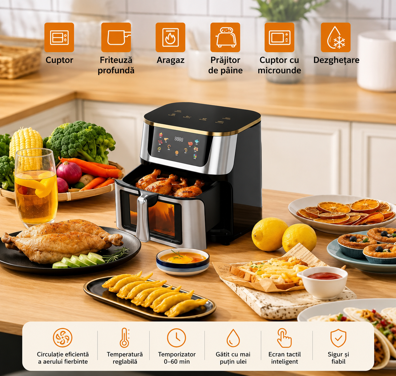 Friteuza cu aer cald 10L, 2400W, display digital touch, 8 programe smart, circulatie 3D aer fierbinte, teflon non-stick + 100 buc hartie de copt cadou