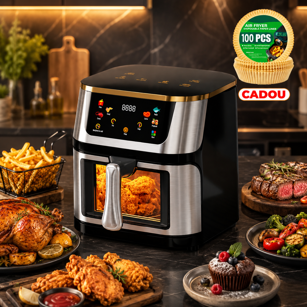 Friteuza cu aer cald 10L, 2400W, display digital touch, 8 programe smart, circulatie 3D aer fierbinte, teflon non-stick + 100 buc hartie de copt cadou