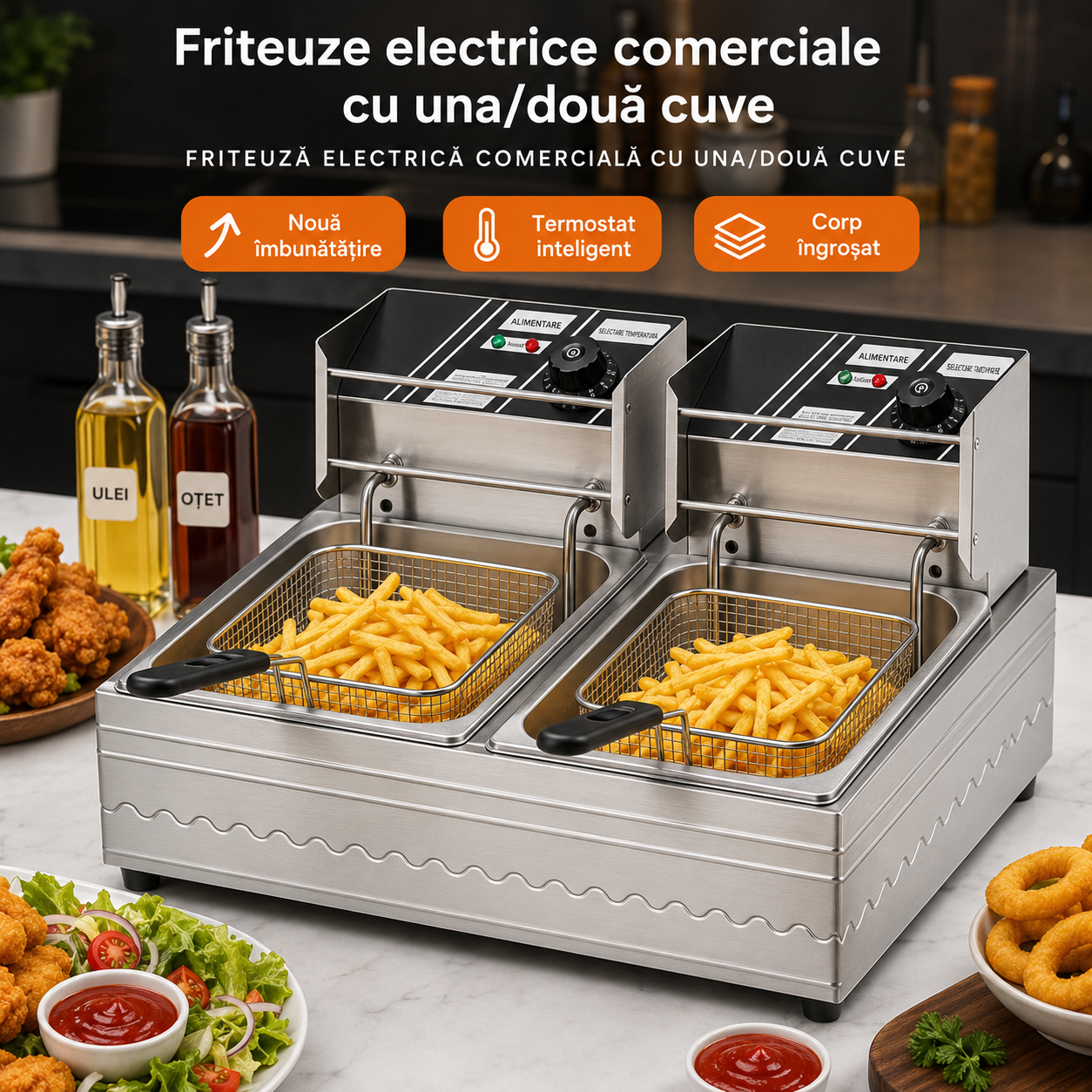 Friteuza electrica dubla profesionala, 12L-2×6L, 5000W, inox