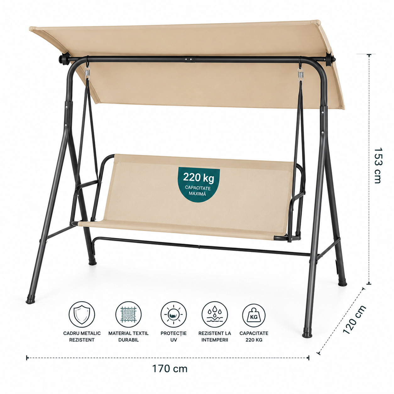 Leagan de gradina, 3 locuri, copertină reglabila, capacitate 220 kg
