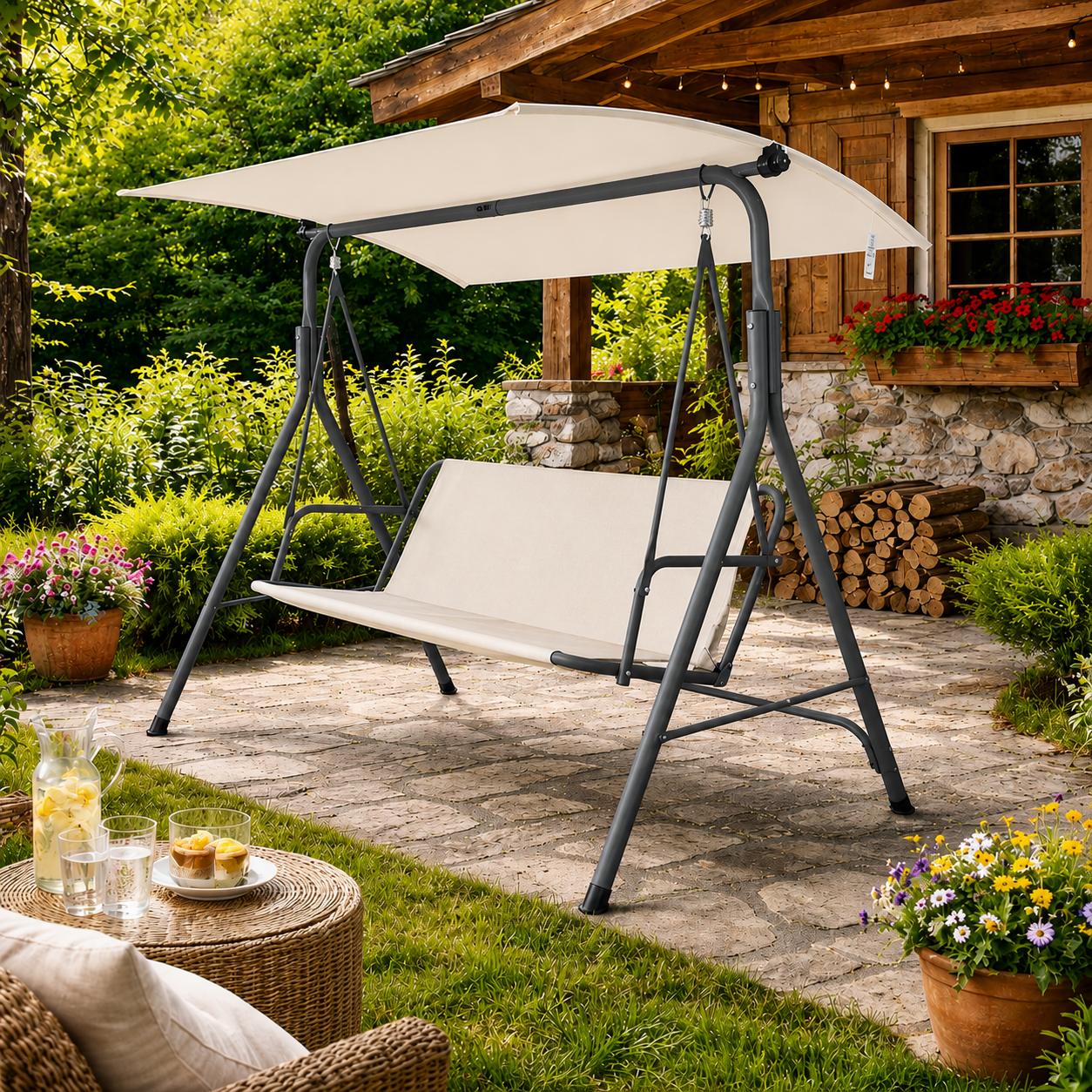 Leagan de gradina, 3 locuri, copertină reglabila, capacitate 220 kg