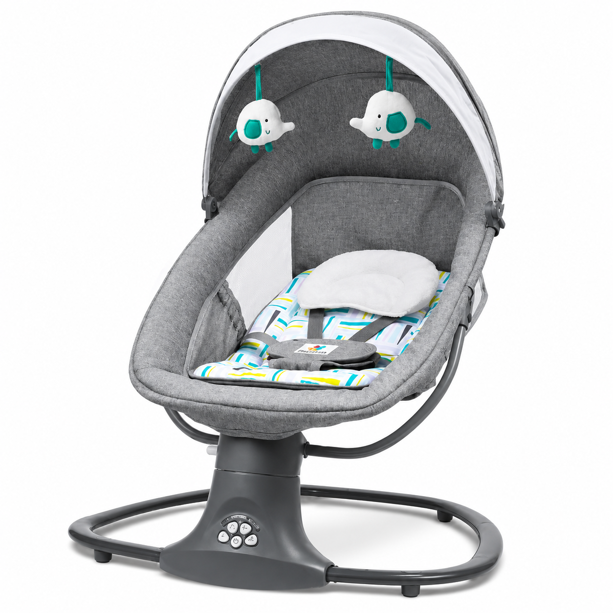 Balansoar copii 3 in 1, electric, plasa tantari, perna detasabila, jucarii, USB, bluetooth, telecomanda, 0-3 ani
