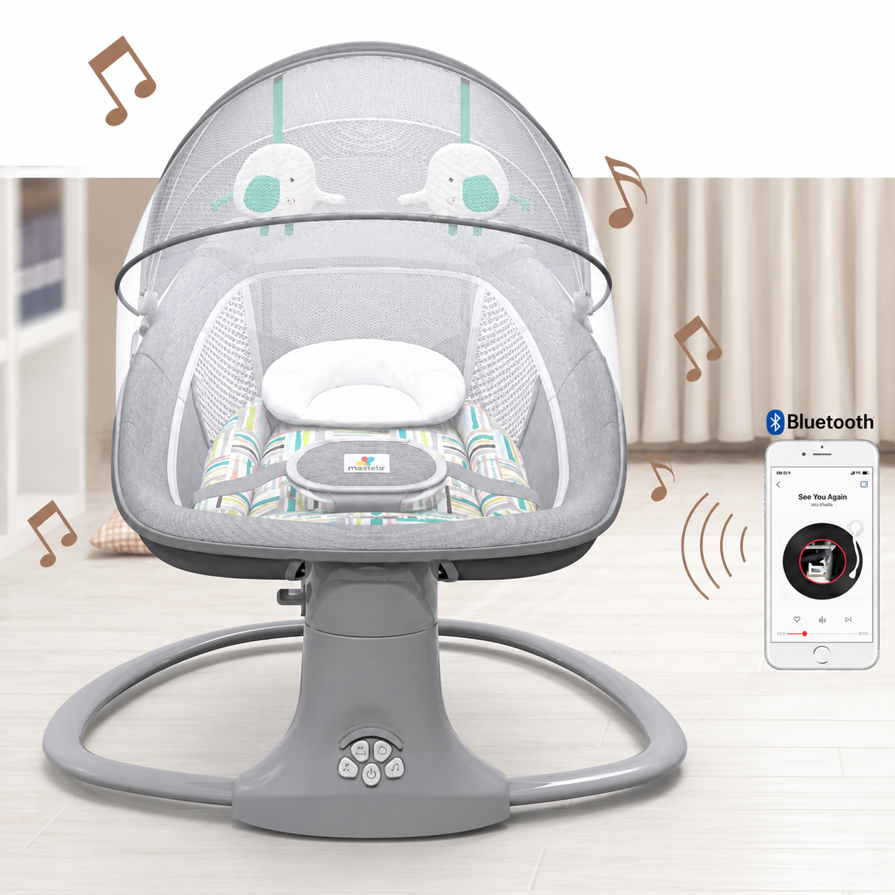 Balansoar copii 3 in 1, electric, plasa tantari, perna detasabila, jucarii, USB, bluetooth, telecomanda, 0-3 ani
