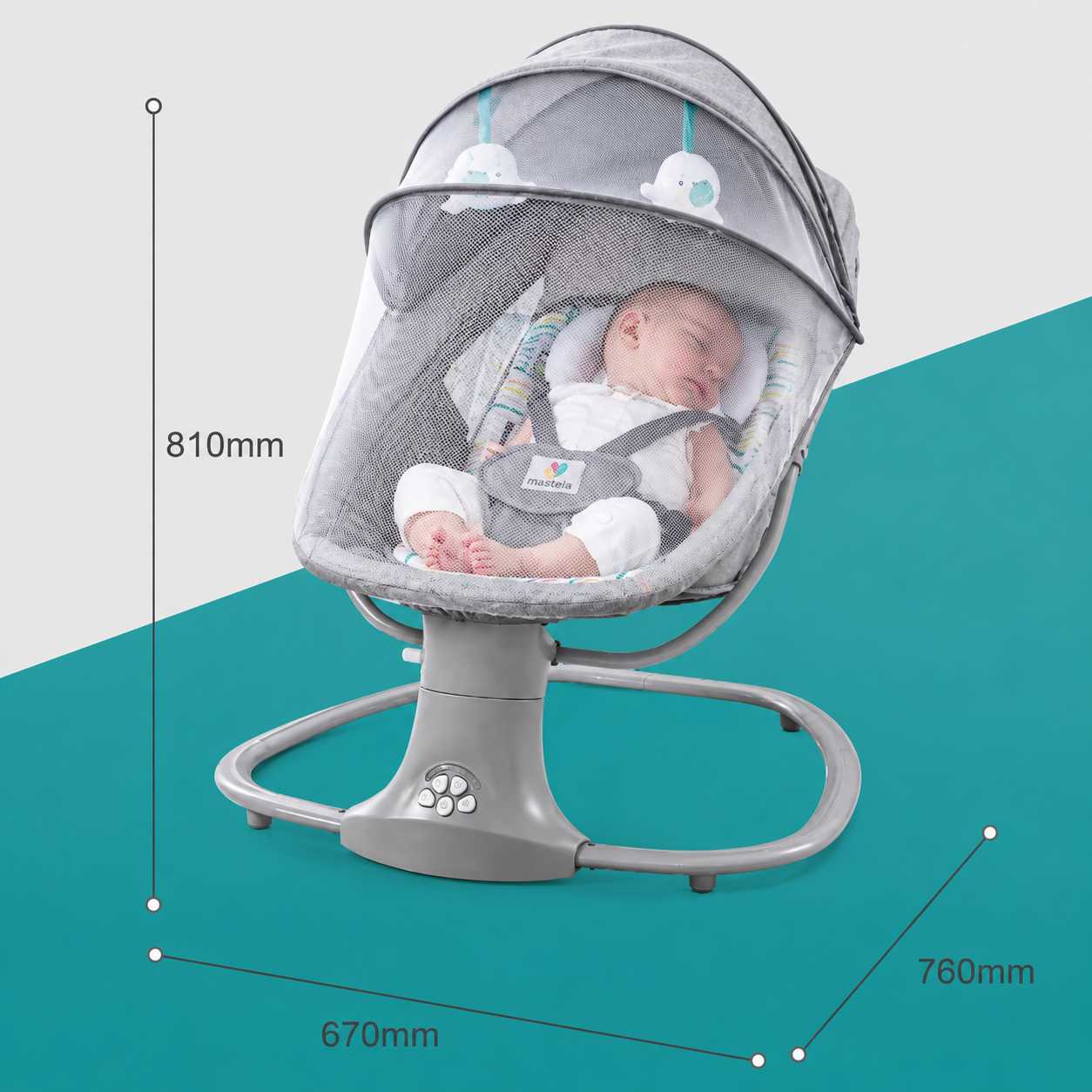 Balansoar copii 3 in 1, electric, plasa tantari, perna detasabila, jucarii, USB, bluetooth, telecomanda, 0-3 ani