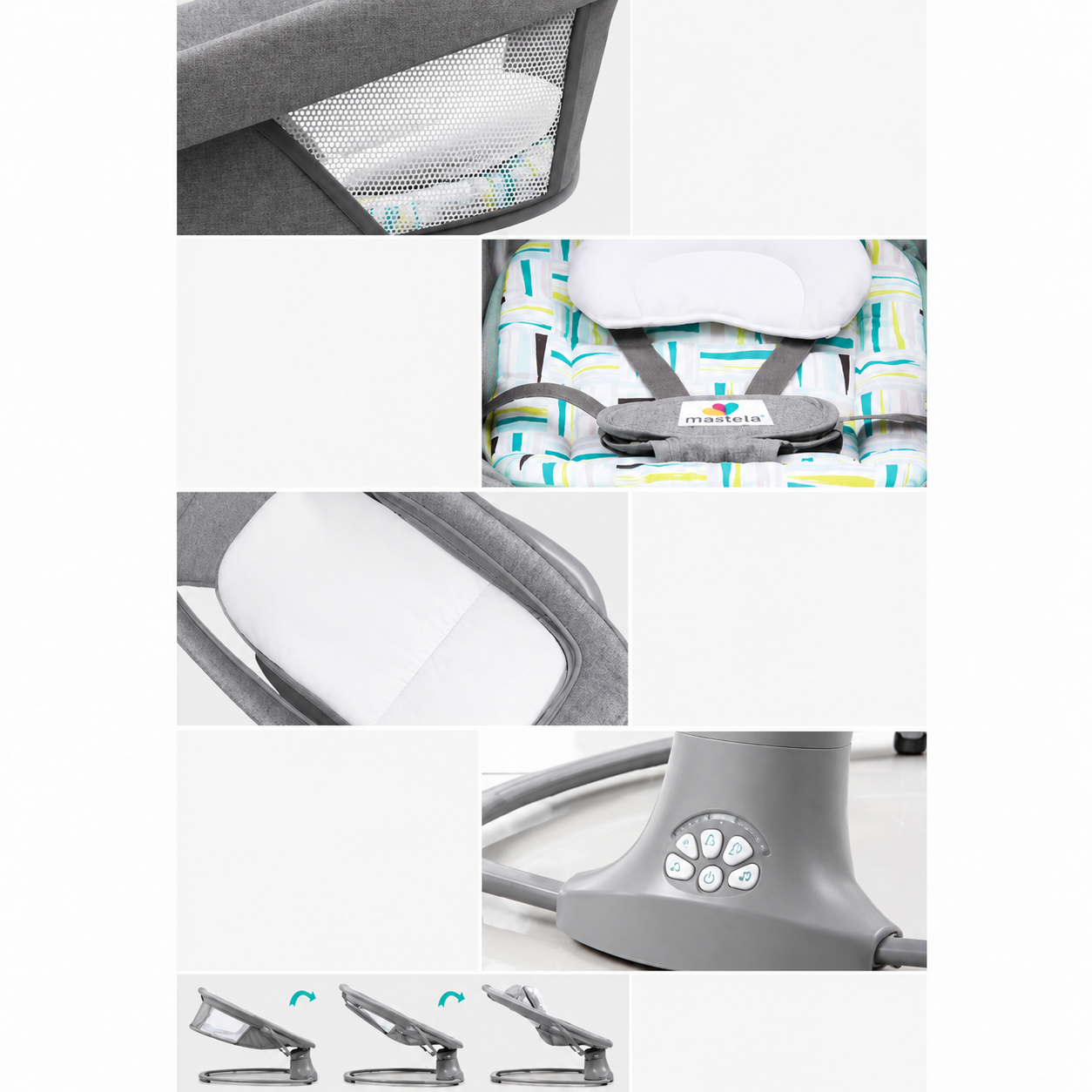 Balansoar copii 3 in 1, electric, plasa tantari, perna detasabila, jucarii, USB, bluetooth, telecomanda, 0-3 ani