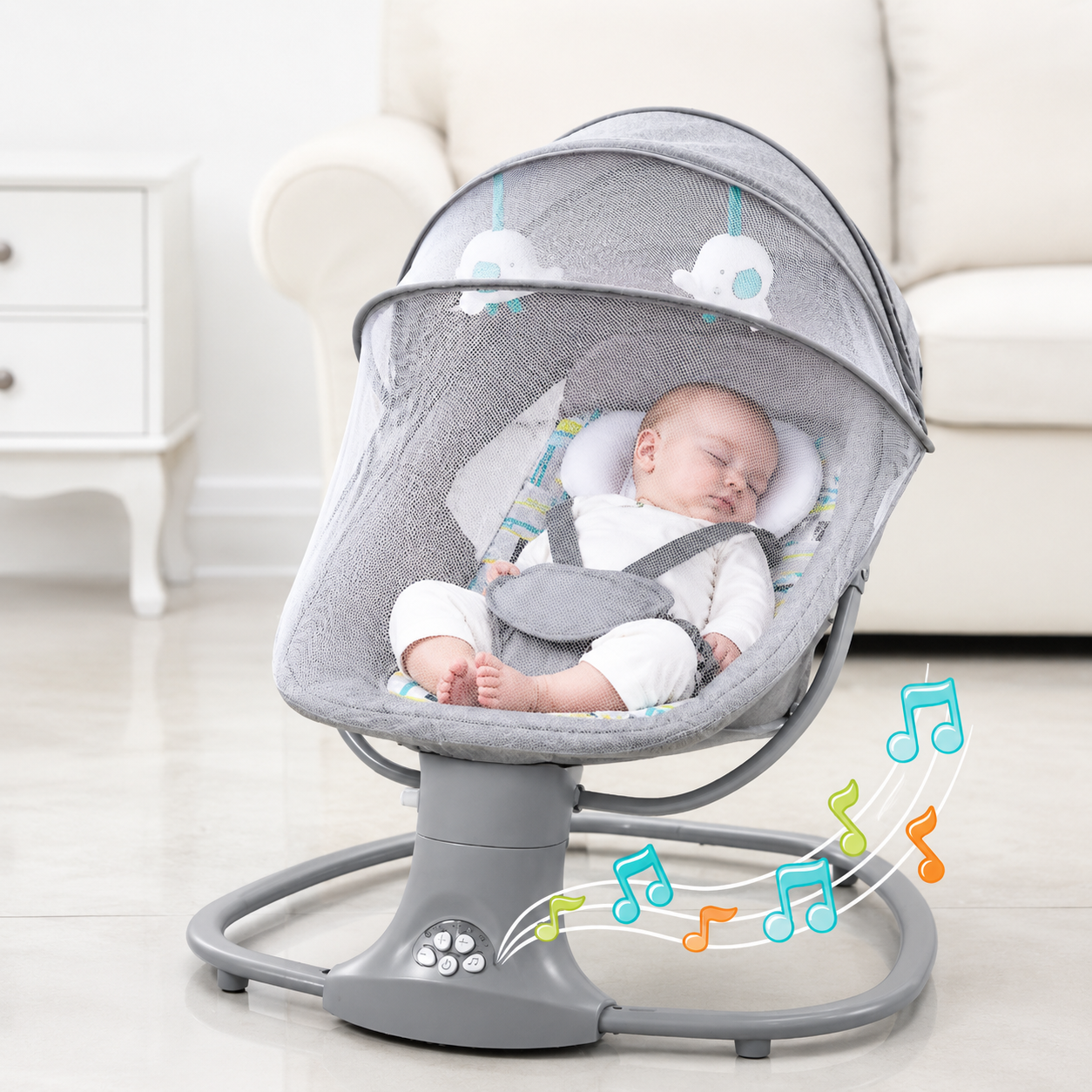 Balansoar copii 3 in 1, electric, plasa tantari, perna detasabila, jucarii, USB, bluetooth, telecomanda, 0-3 ani