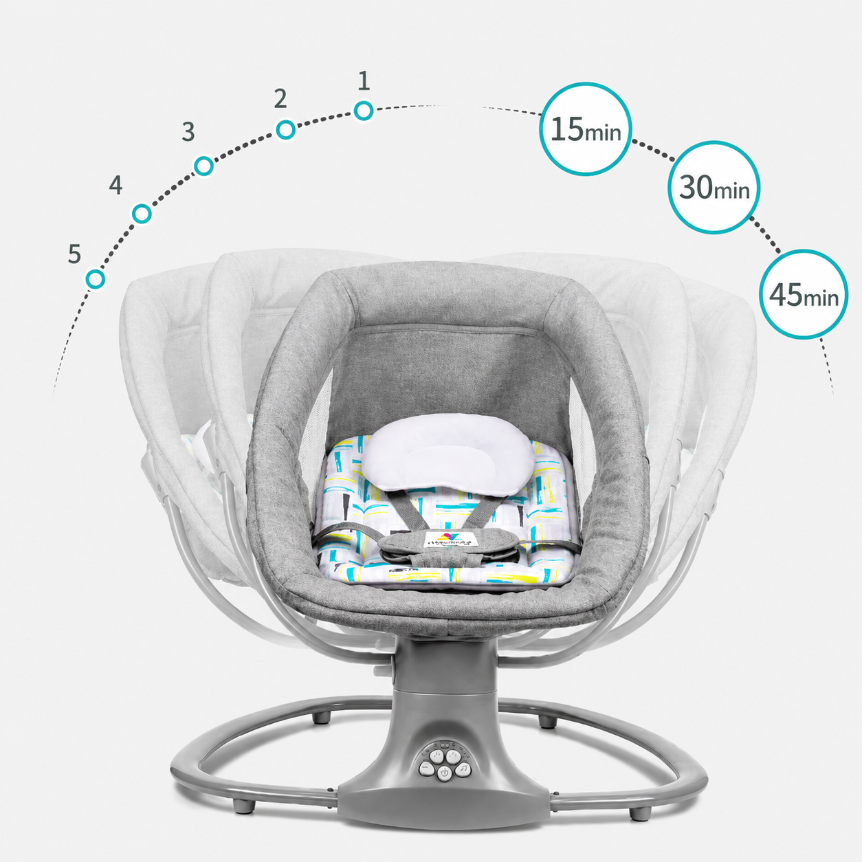 Balansoar copii 3 in 1, electric, plasa tantari, perna detasabila, jucarii, USB, bluetooth, telecomanda, 0-3 ani