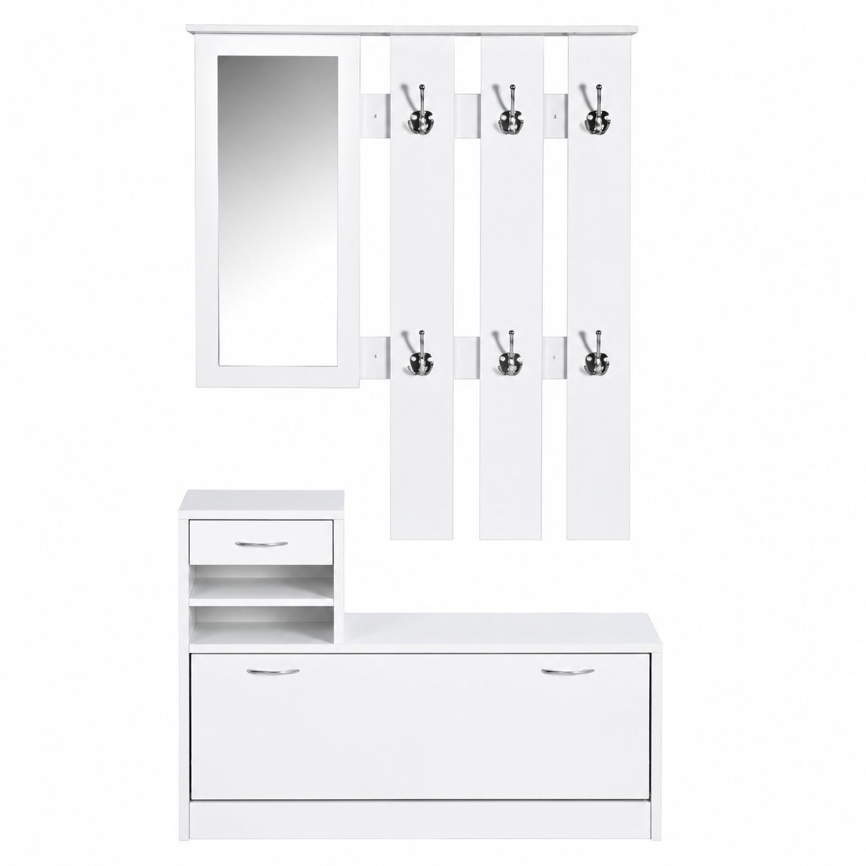 Set cuier, pantofar, oglinda, 3 in 1, sertare multiple, 15 agatatori
