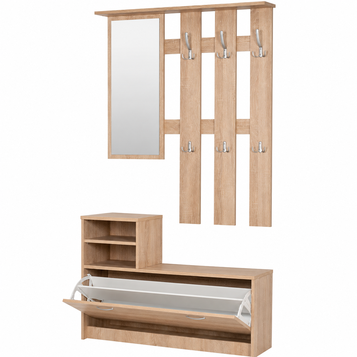 Set cuier, pantofar, oglinda, 3 in 1, sertare multiple, 15 agatatori