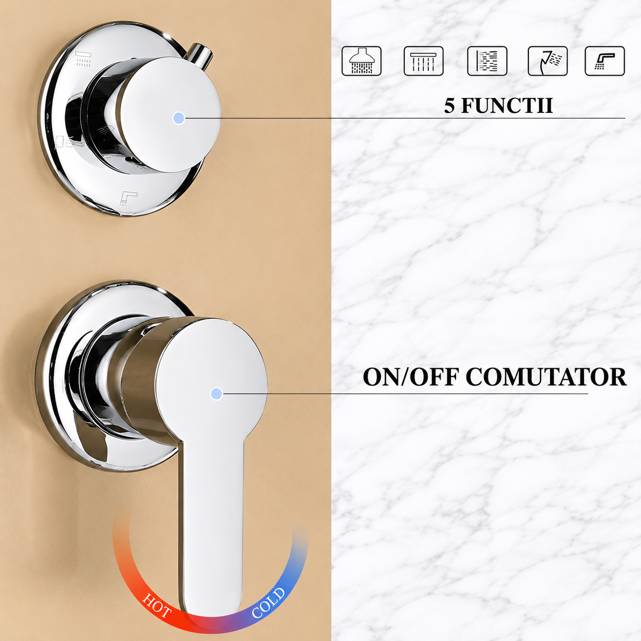 Panel dus, iluminare led, 5 functii, jeturi masaj, cascada, ploaie tropicala, dus de mana, otel inoxidabil