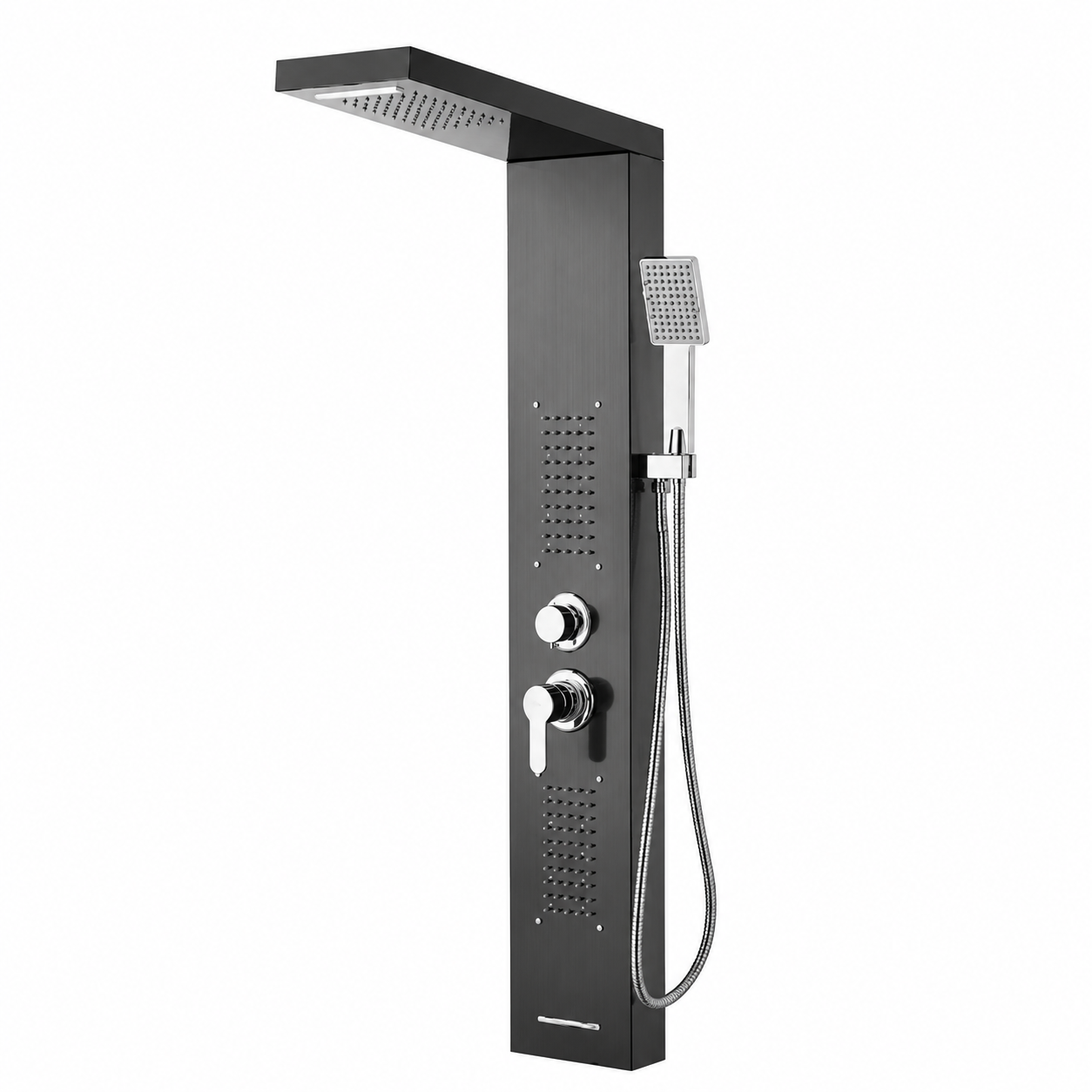 Panel dus, iluminare led, 5 functii, jeturi masaj, cascada, ploaie tropicala, dus de mana, otel inoxidabil, negru