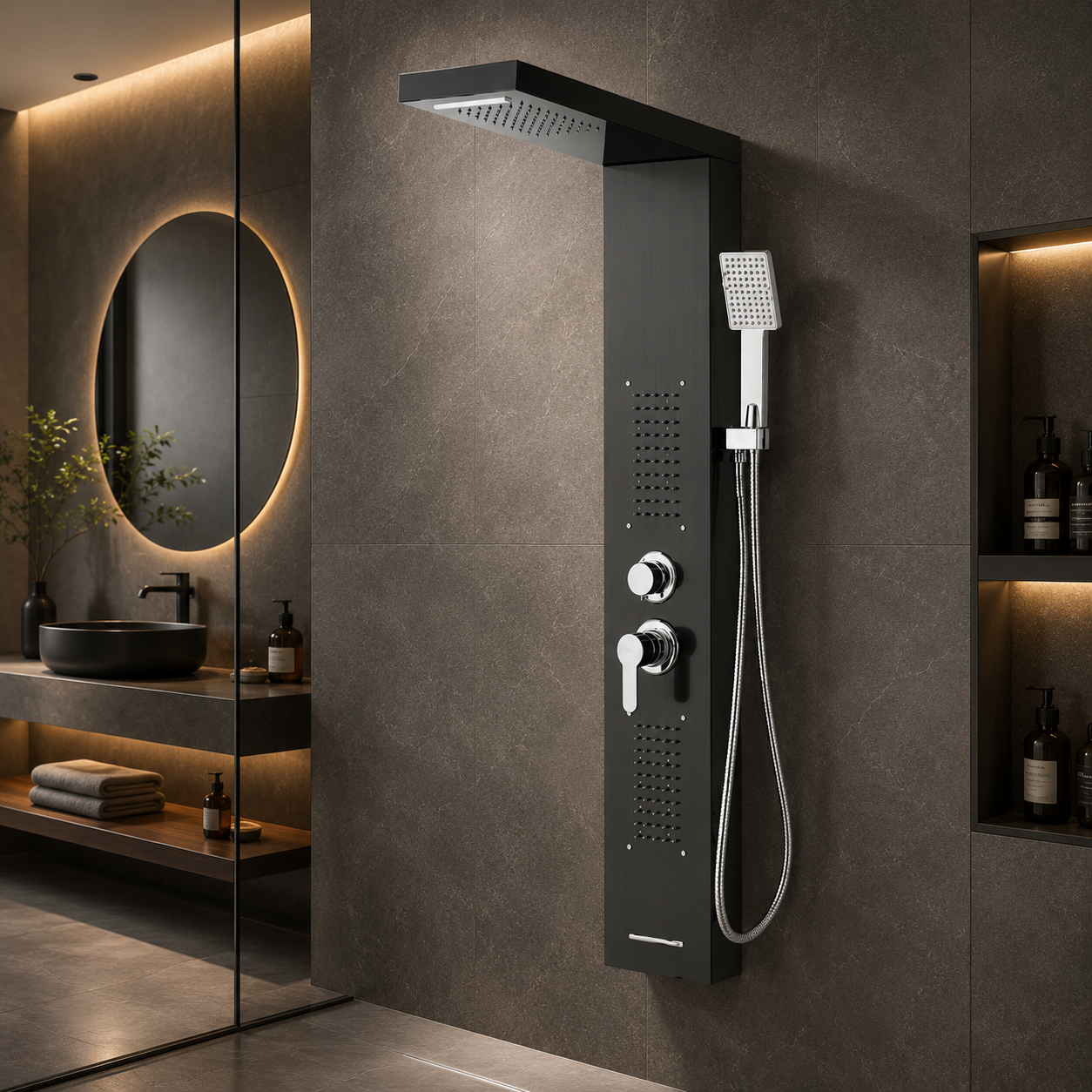 Panel dus, iluminare led, 5 functii, jeturi masaj, cascada, ploaie tropicala, dus de mana, otel inoxidabil, negru