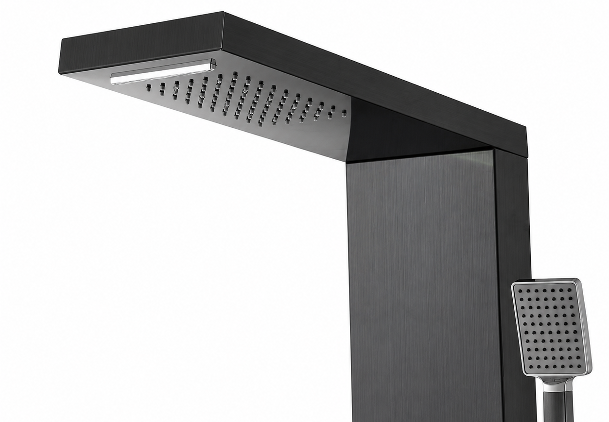 Panel dus, iluminare led, 5 functii, jeturi masaj, cascada, ploaie tropicala, dus de mana, otel inoxidabil, negru