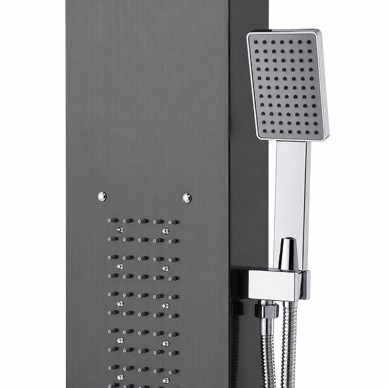 Panel dus, iluminare led, 5 functii, jeturi masaj, cascada, ploaie tropicala, dus de mana, otel inoxidabil, negru