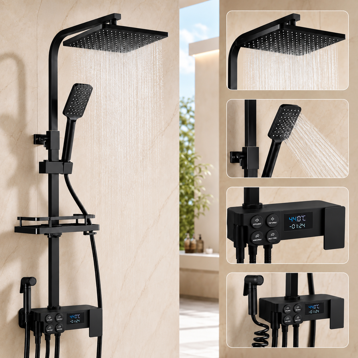 Coloana dus smart cu afisaj digital, dus ploaie, 4 functii, negru mat