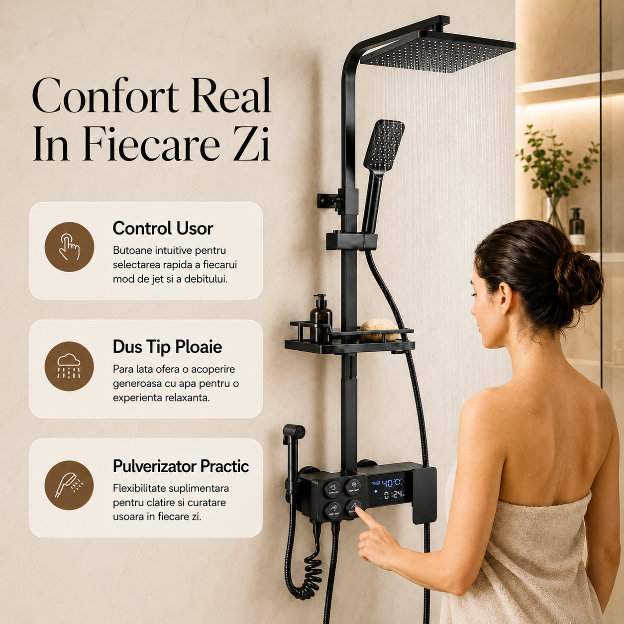 Coloana dus smart cu afisaj digital, dus ploaie, 4 functii, negru mat