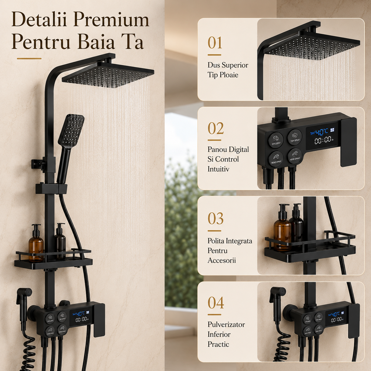 Coloana dus smart cu afisaj digital, dus ploaie, 4 functii, negru mat