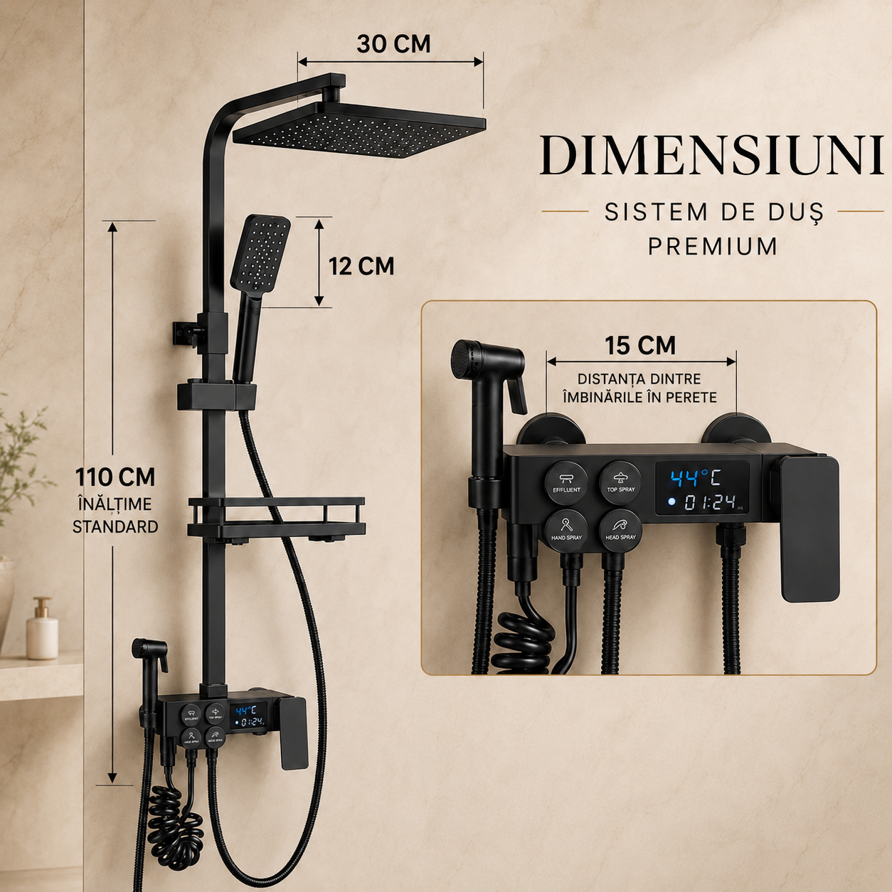 Coloana dus smart cu afisaj digital, dus ploaie, 4 functii, negru mat