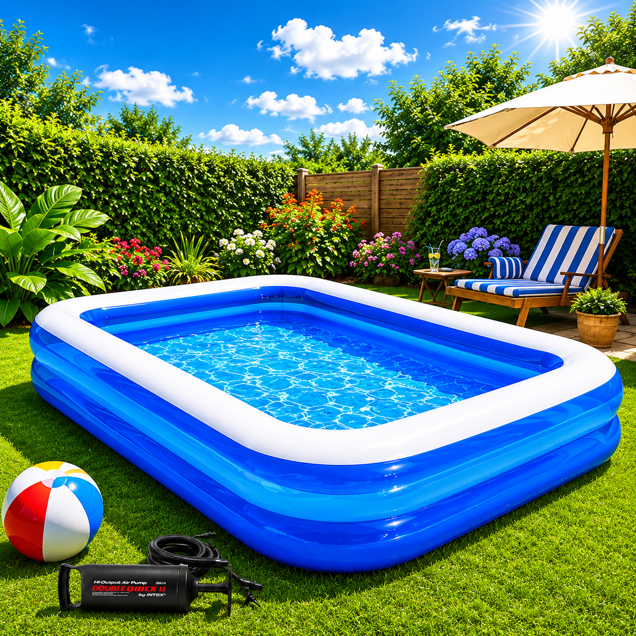 Piscina gonflabila dreptunghiulara, 2 inele, 200x140x40 cm + pompa umflat + minge gonflabila cadou
