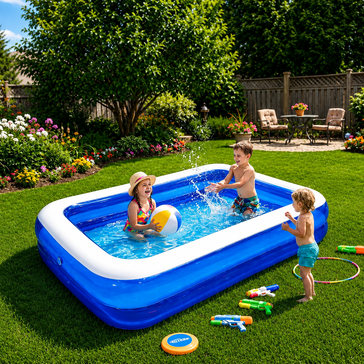 Piscina gonflabila dreptunghiulara, 2 inele, 305x183x50 cm + pompa umflat + minge gonflabila cadou