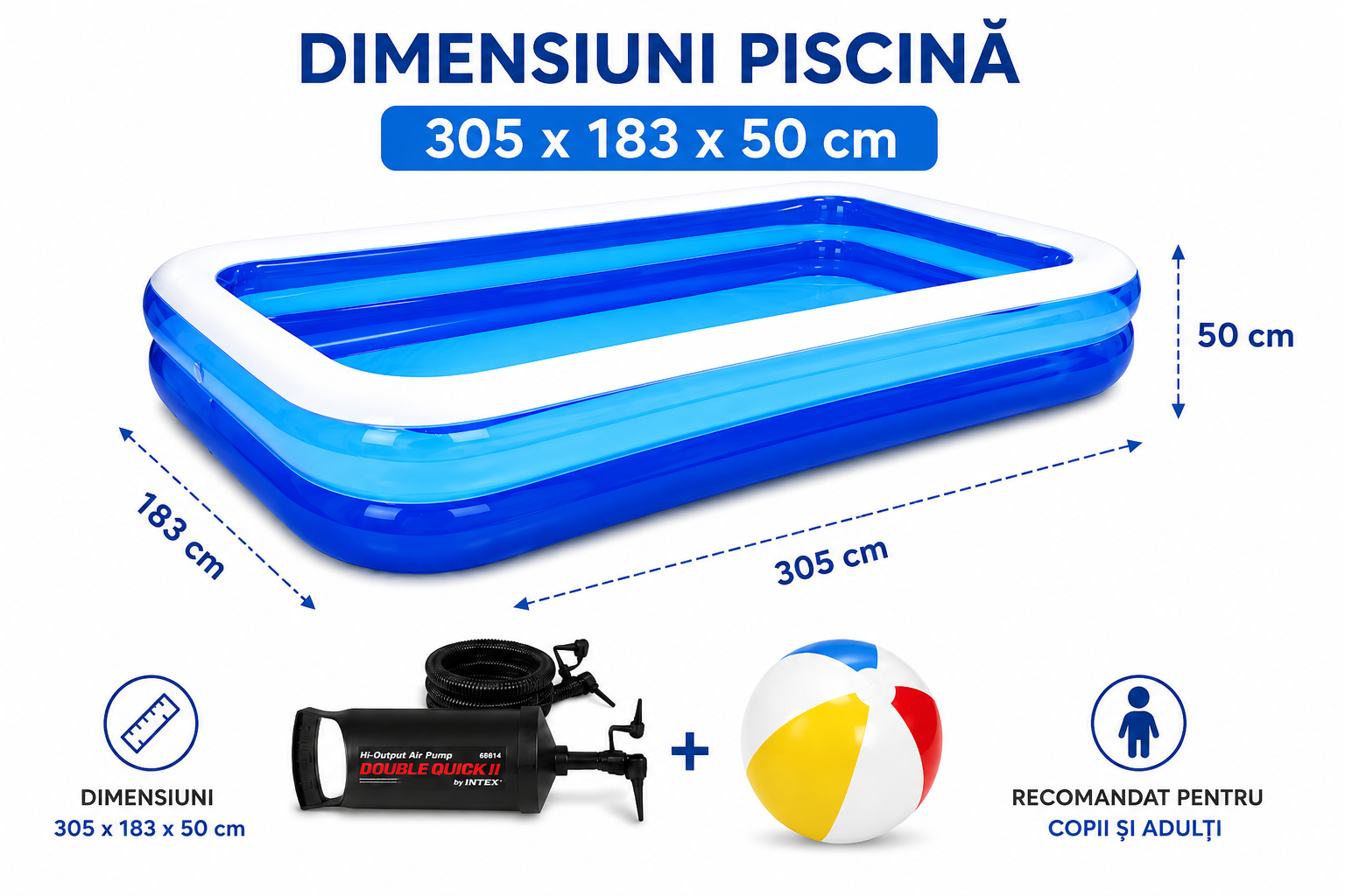 Piscina gonflabila dreptunghiulara, 2 inele, 305x183x50 cm + pompa umflat + minge gonflabila cadou
