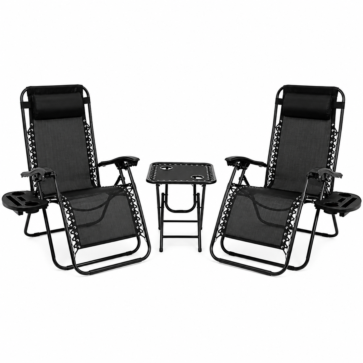 Set 2 sezlonguri cu masa si suport pahare, pernute incluse