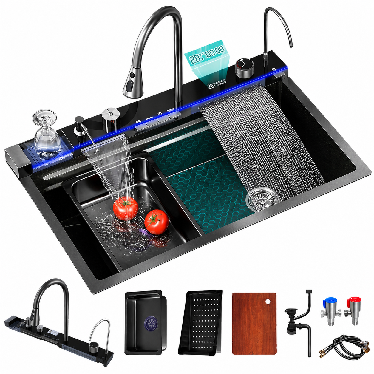 Chiuveta multifunctionala, 2 cascade, spalator pahar, dozator sapun, afisaj digital, accesorii incluse, 750x460 mm