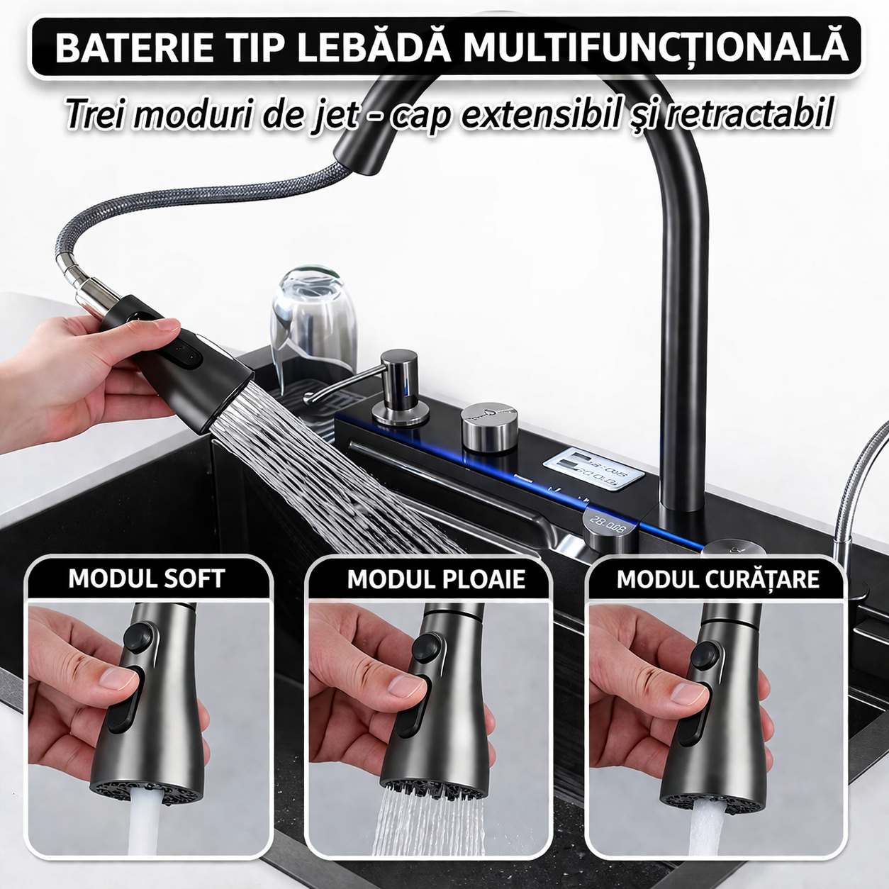 Chiuveta multifunctionala, 2 cascade, spalator pahar, dozator sapun, afisaj digital, accesorii incluse, 750x460 mm