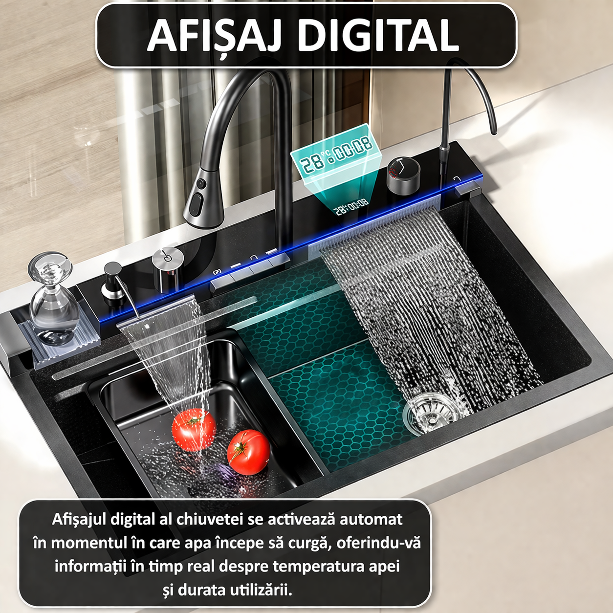Chiuveta multifunctionala, 2 cascade, spalator pahar, dozator sapun, afisaj digital, accesorii incluse, 750x460 mm
