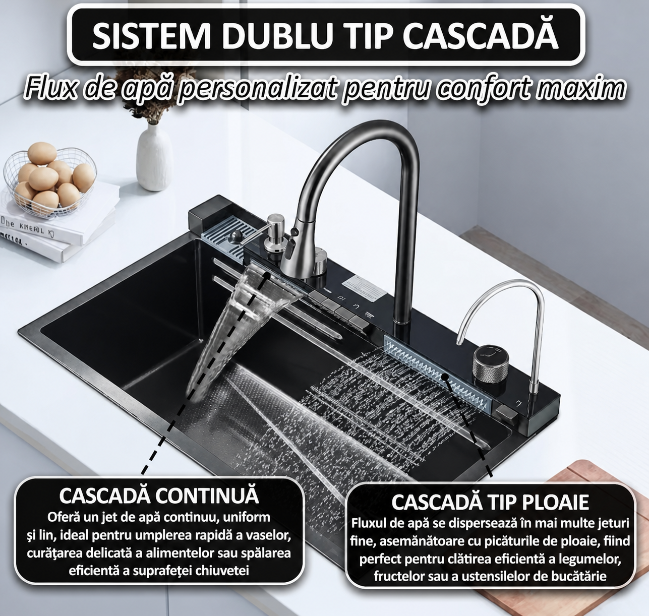 Chiuveta multifunctionala, 2 cascade, spalator pahar, dozator sapun, afisaj digital, accesorii incluse, 750x460 mm