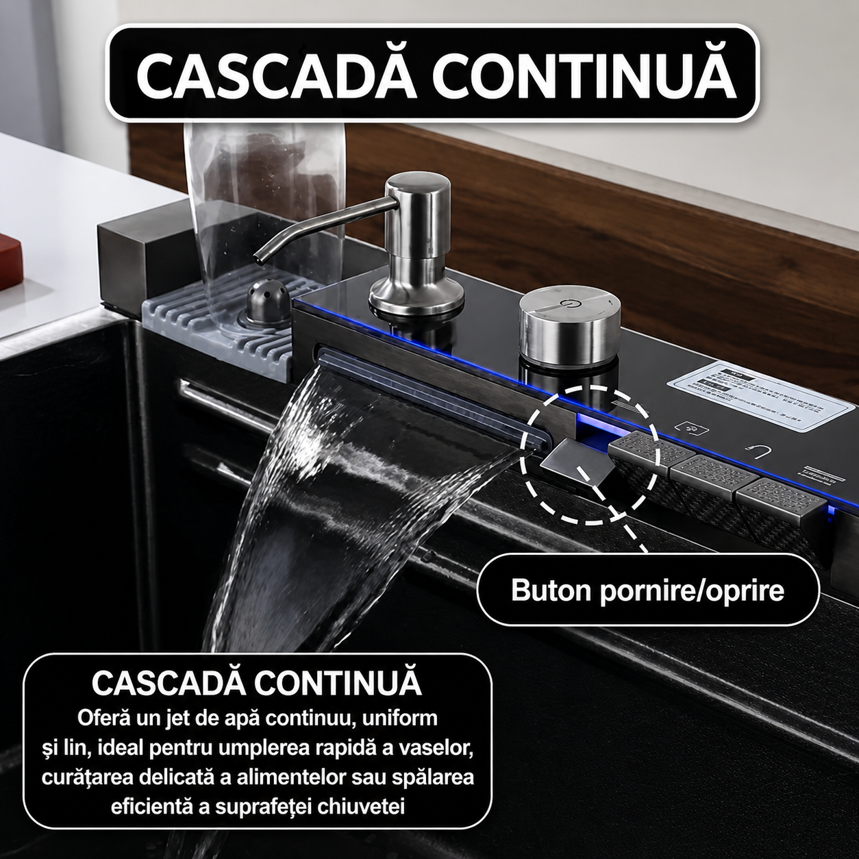 Chiuveta multifunctionala, 2 cascade, spalator pahar, dozator sapun, afisaj digital, accesorii incluse, 750x460 mm