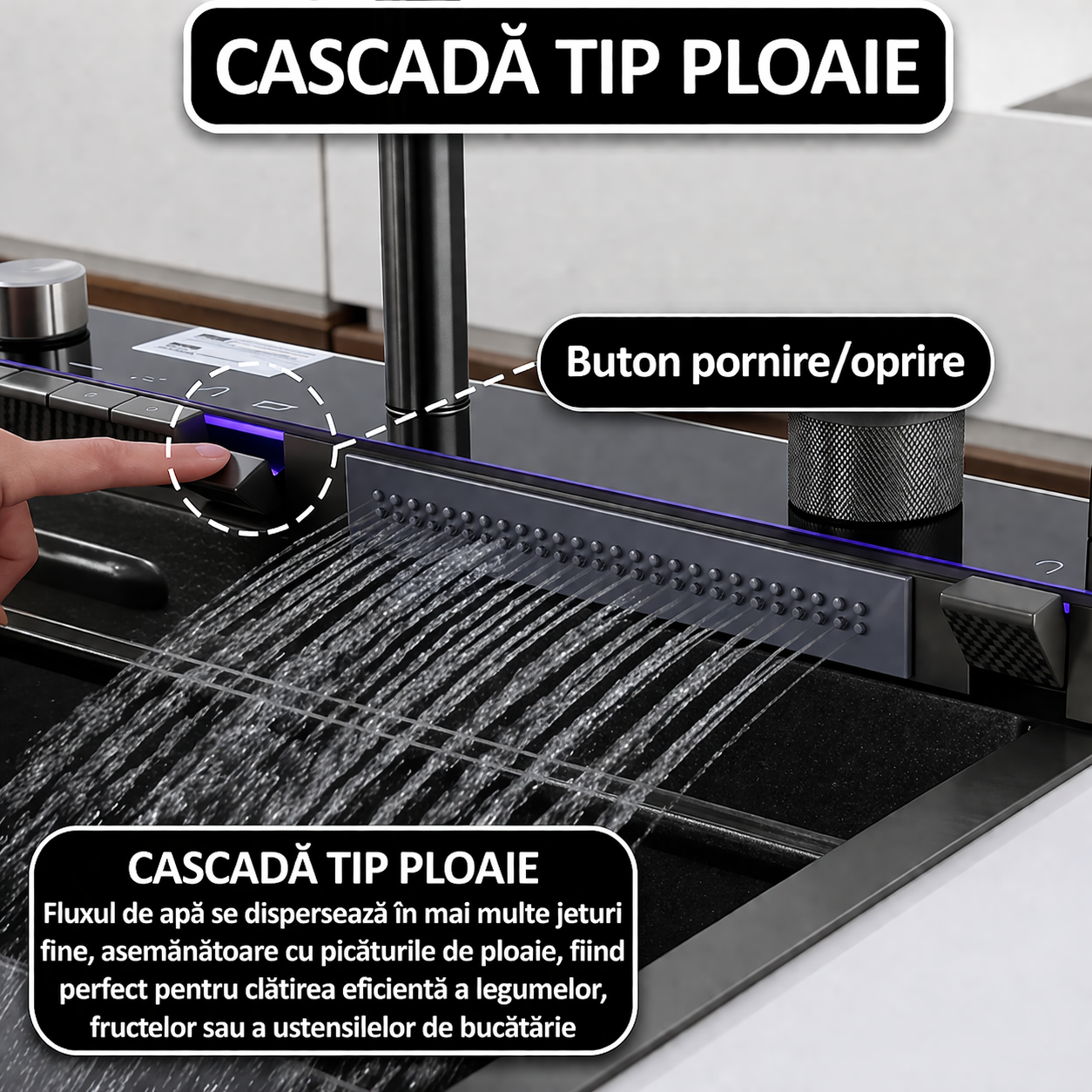 Chiuveta multifunctionala, 2 cascade, spalator pahar, dozator sapun, afisaj digital, accesorii incluse, 750x460 mm