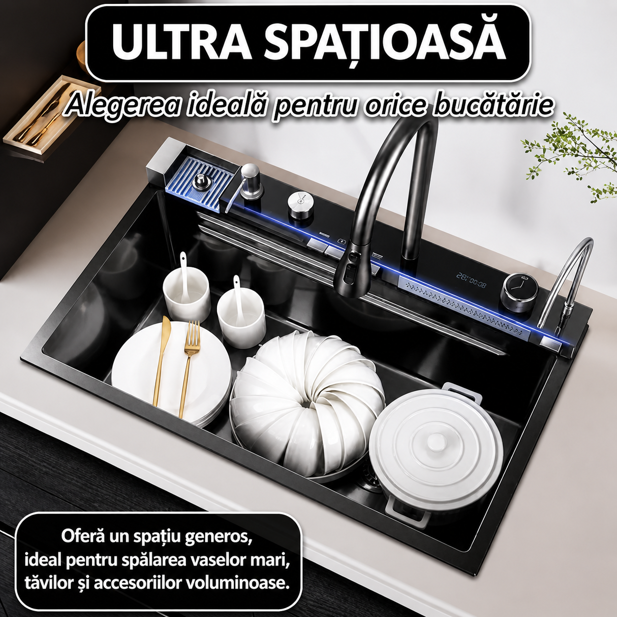 Chiuveta multifunctionala, 2 cascade, spalator pahar, dozator sapun, afisaj digital, accesorii incluse, 750x460 mm