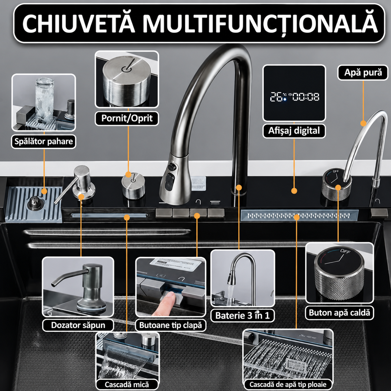 Chiuveta multifunctionala, 2 cascade, spalator pahar, dozator sapun, afisaj digital, accesorii incluse, 750x460 mm