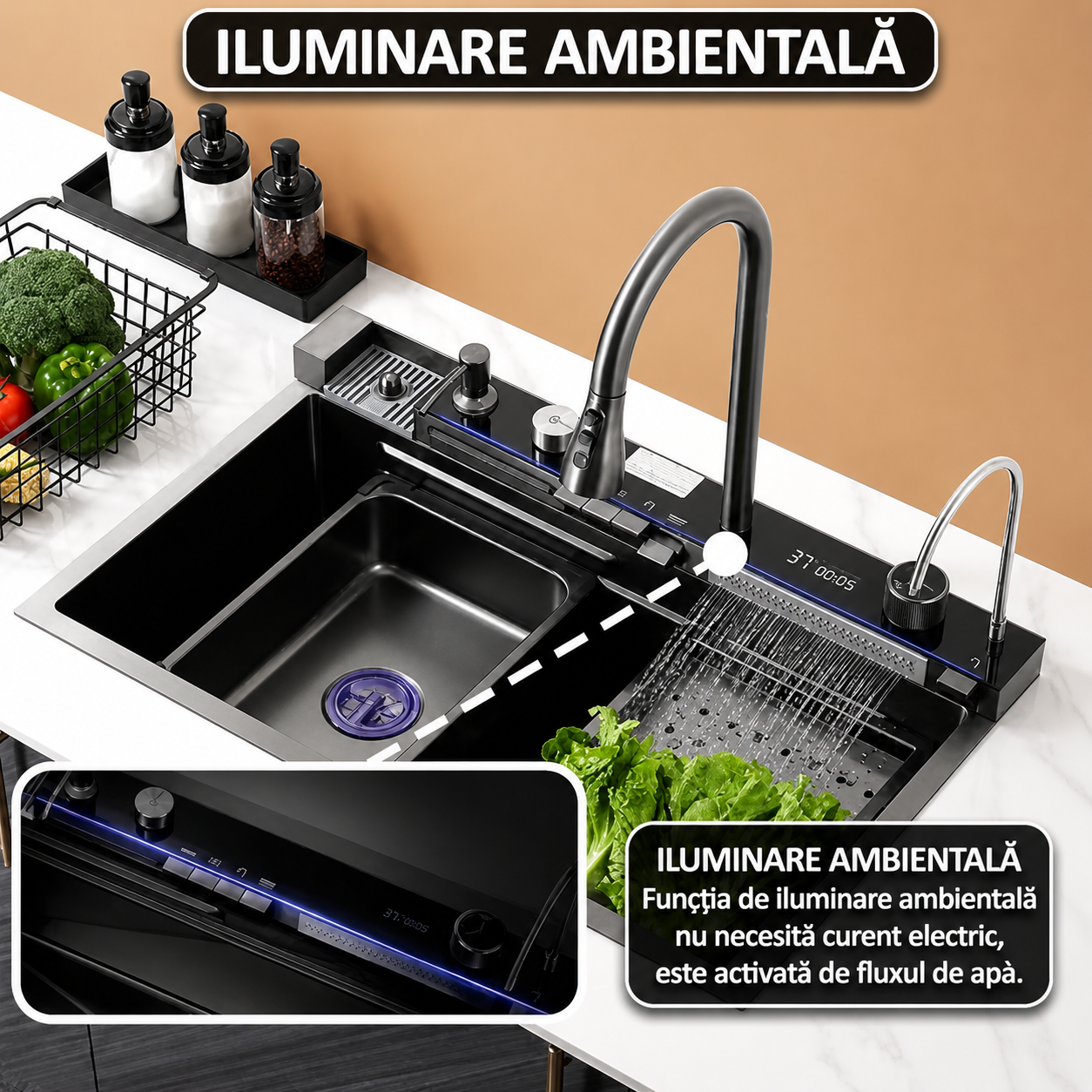 Chiuveta multifunctionala, 2 cascade, spalator pahar, dozator sapun, afisaj digital, accesorii incluse, 750x460 mm