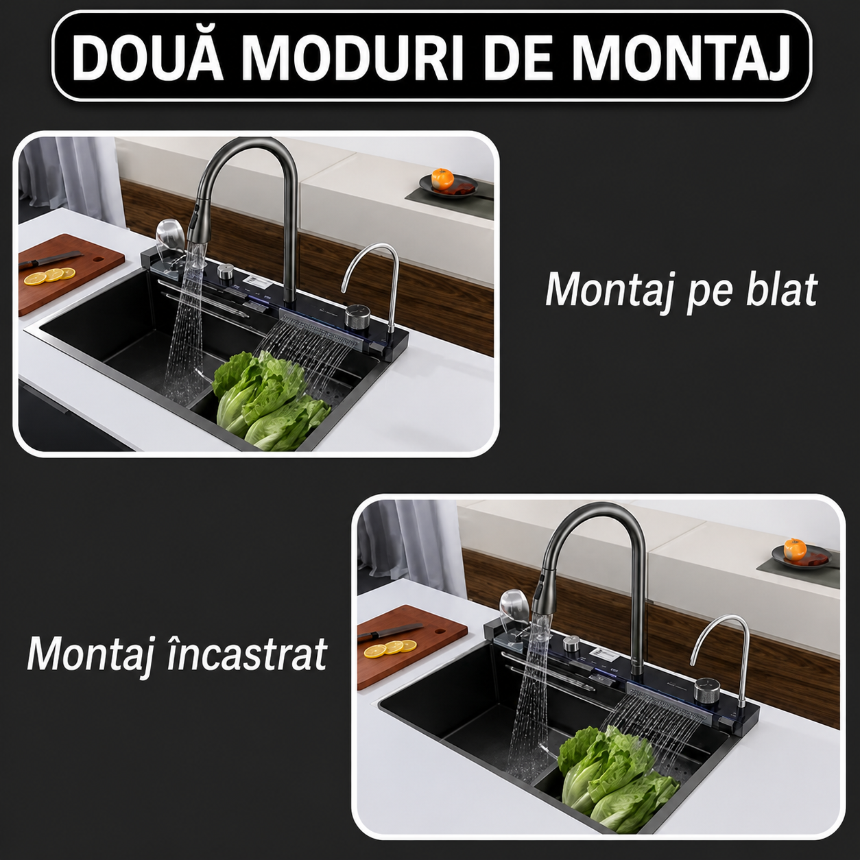 Chiuveta multifunctionala, 2 cascade, spalator pahar, dozator sapun, afisaj digital, accesorii incluse, 750x460 mm