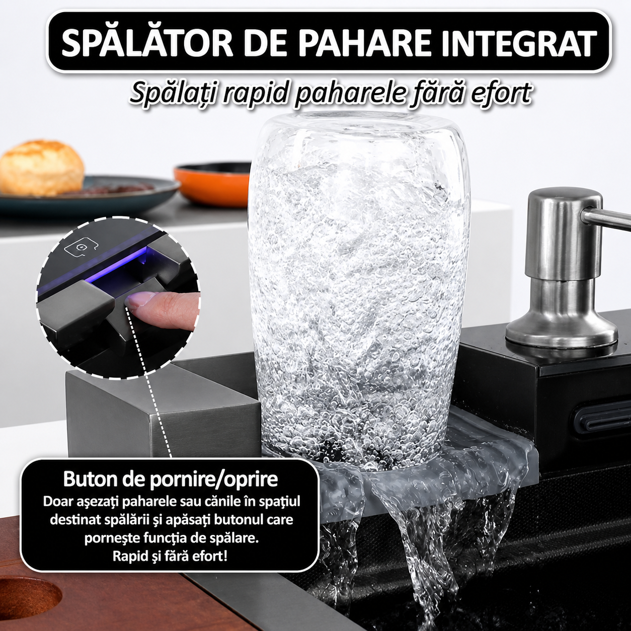 Chiuveta multifunctionala, 2 cascade, spalator pahar, dozator sapun, afisaj digital, accesorii incluse, 750x460 mm