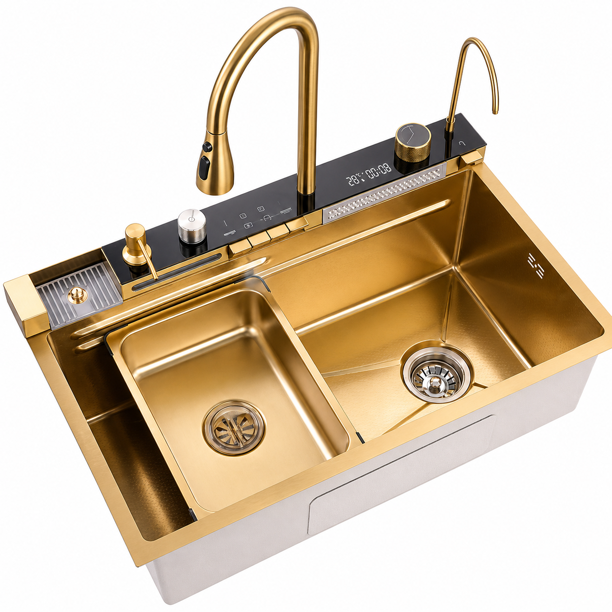 Chiuveta multifunctionala, 2 cascade, spalator pahar, dozator sapun, afisaj digital, accesorii incluse, 750x460 mm, auriu